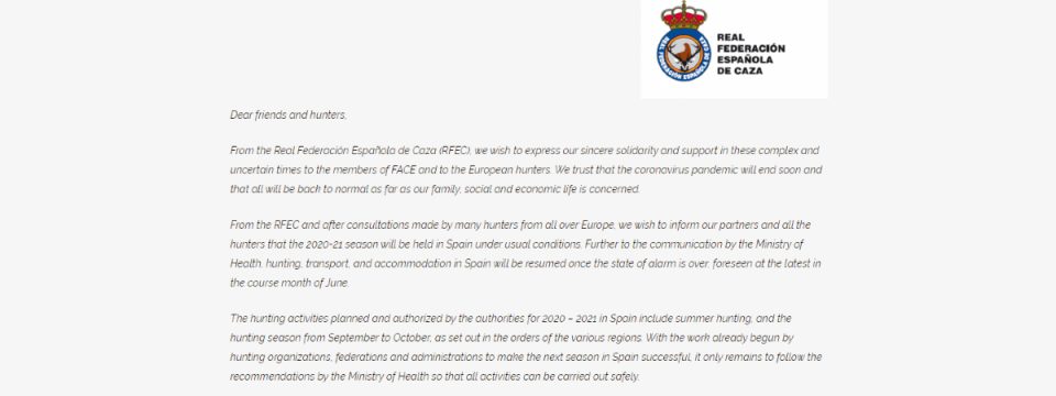 Писмото от Кралската ловна федерация на Испания до FACE